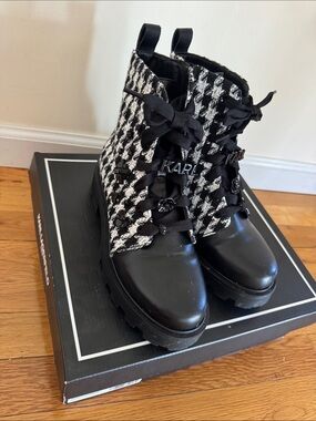 Karl Lagerfeld Black & White Houndstooth Lace-Up Combat Boots